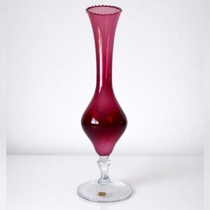 Vintage Italian Cranberry Glass Bud Vase-Made in Italy, Ruffled Rim Art Glass